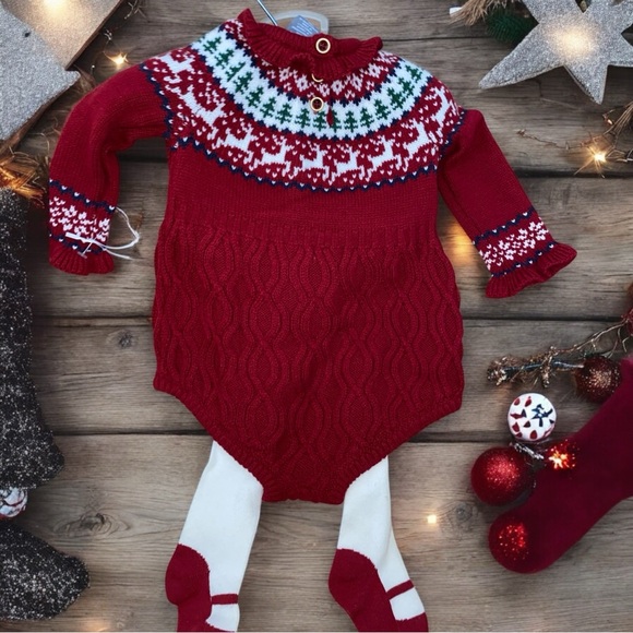 NEW TAHARI BABY FAIR ISLE KNIT SWEATER ROMPER SET• BONNET•TIGHTS•S/3-6M - Picture 2 of 12